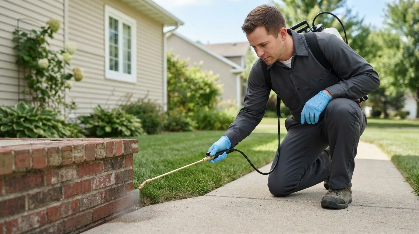 Pest control technician treating a home near West Point, TX